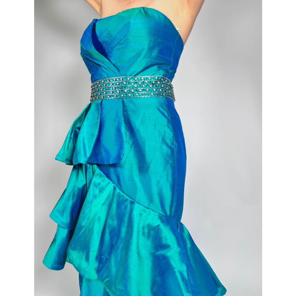 Women's JOVANI Silk Teal Mermaid Prom Jewelled Dress Size 12 - Picture 8 of 17